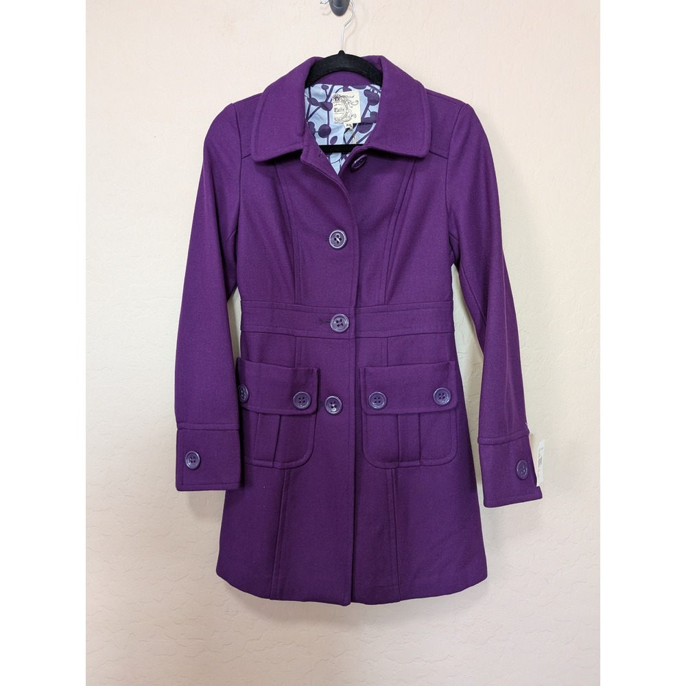 NWT Tulle Eggplant Purple Wool Blend Fit and Flare Pea Coat XS Dark Academia